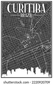 Black vintage hand-drawn printout streets network map of the downtown CURITIBA, BRAZIL with highlighted city skyline and lettering