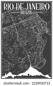 Black vintage hand-drawn printout streets network map of the downtown RIO DE JANEIRO, BRAZIL with highlighted city skyline and lettering