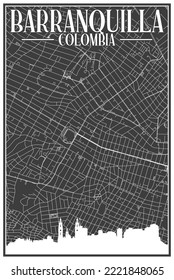 Black vintage hand-drawn printout streets network map of the downtown BARRANQUILLA, COLOMBIA with highlighted city skyline and lettering