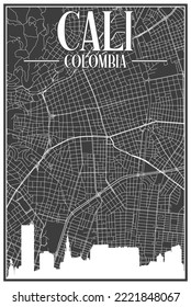 Black vintage hand-drawn printout streets network map of the downtown CALI, COLOMBIA with highlighted city skyline and lettering