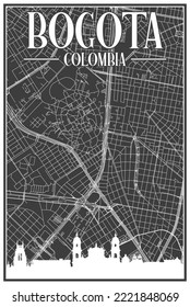 Black vintage hand-drawn printout streets network map of the downtown BOGOTA, COLOMBIA with highlighted city skyline and lettering