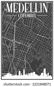 Black vintage hand-drawn printout streets network map of the downtown MEDELLIN, COLOMBIA with highlighted city skyline and lettering