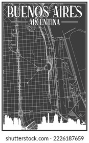 Black vintage hand-drawn printout streets network map of the downtown BUENOS AIRES, ARGENTINA with highlighted city skyline and lettering