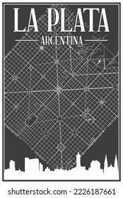 Black vintage hand-drawn printout streets network map of the downtown LA PLATA, ARGENTINA with highlighted city skyline and lettering