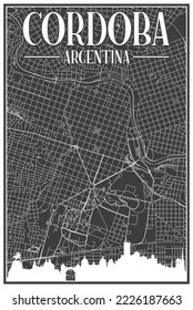 Black vintage hand-drawn printout streets network map of the downtown CORDOBA, ARGENTINA with highlighted city skyline and lettering