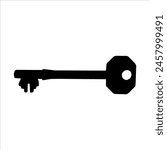 Black vintage key silhouette isolated on white background. Old key icon vector illustration.