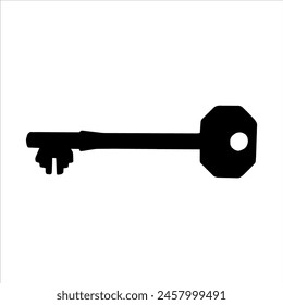 Black vintage key silhouette isolated on white background. Old key icon vector illustration.