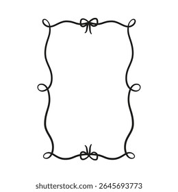 Black vintage line frame with bows. Vertically wavy ribbon border coquette style. Minimalist line art for greeting cards, invitations. Aesthetic vector outline design. Holiday decoration template