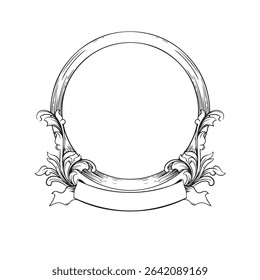  black vintage lines baroque frame with flora ornament on white background