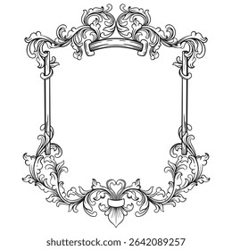  black vintage lines baroque frame with flora ornament on white background