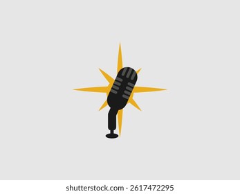 a black vintage microphone positioned in front of a bright yellow starburst shape