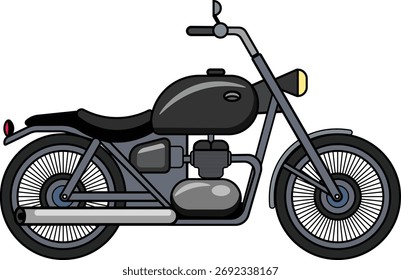 Black vintage motorcycle vector illustration with classic design and chrome details, isolated on white background.
