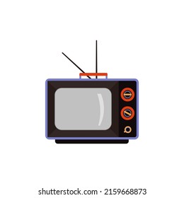 Black vintage, retro TV with antenna, vector flat illustration on a white background. TV for watching video programs at home, old screen for video viewing