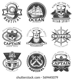 Black vintage sailor naval label set with king of the sea ocean spirit time to travel ocean journey descriptions vector illustration