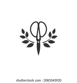 Black vintage scissors with leaves laurel. Flat icon isolated on white. Creative hand made. Super, best hair cut sign. Utensil or hairdresser symbol. vector illustration. Beauty salon symbol. 