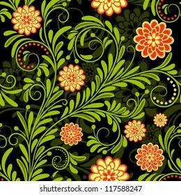 Black vintage seamless pattern with red and yellow flowers (vector)