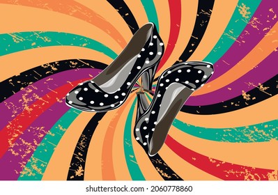 Black vintage shoes on a retro background with rays. Vector illustration.