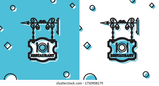 Black Vintage signboard outdoor advertising with text Restaurant and cutlery, dish, fork, knife icon isolated on blue and white background. Restaurant sign. Random dynamic shapes. Vector Illustration
