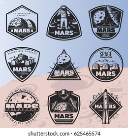 Black vintage space discovery labels set with inscriptions and cosmic research elements on Mars planet background isolated vector illustration