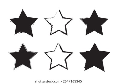 Black vintage stars with cracks and stains. Old hand-drawn sign, black simple shape. Retro design element with distressed effect, grunge texture. Vector illustration