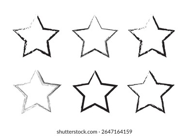 Black vintage stars with cracks and stains. Old hand-drawn sign, black simple shape. Retro design element with distressed effect, grunge texture. Vector illustration