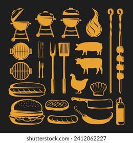 Icono negro de barbacoa de bistec vintage con piezas de carne y carnicero herramientas ilustración vectorial. Colección de sellos de comida para asar en una fiesta de picnic, kebab caliente en brochetas y salsa de barbacoa, filete de carne a la parrilla.