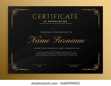 black vintage style certificate template with golden details