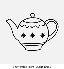Black vintage teapot isolated on white background. One line doodle drawing.
