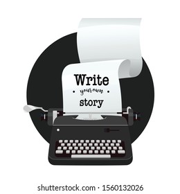 Black vintage typewriter with paper. Flat style. Blogging concept. Vector