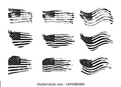 Black vintage USA flags illustration. Vector American flag on grunge texture set