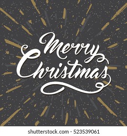 Black vintage vector Christmas background with greeting inscription. Design for greeting card. Merry Christmas lettering.
