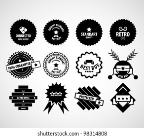 Black vintage vector design elements set satisfaction guaranteed, connected, retro, protected labels