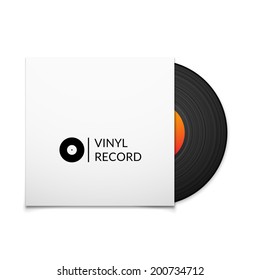 Black vintage vinyl record with blank cover case isolated on white background, retro music vector illustration