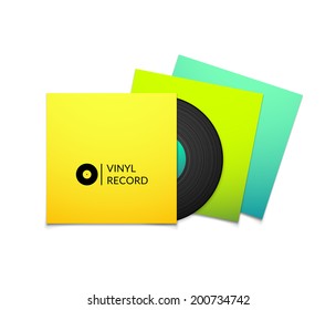 Black vintage vinyl record with blank yellow blue cyan and green cover case isolated on white background, retro music vector illustration