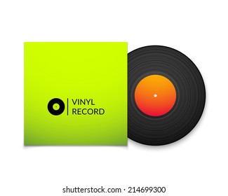 Black vintage vinyl record with blank green cover case isolated on white background, retro music vector illustration