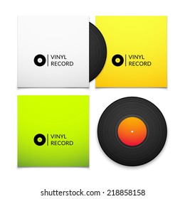 Black vintage vinyl record with blank yellow and green cover case isolated on white background, retro music vector illustration