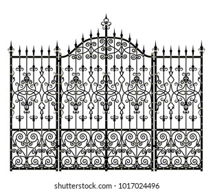 Black Vintage wrought-iron gates and fence on a white background