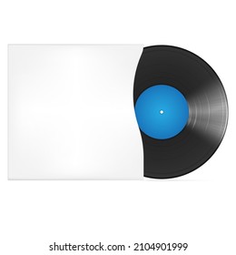 A black vinyl disc with a blue center in a paper case on a white background, a music album cover, a record design. Realistic vector illustration