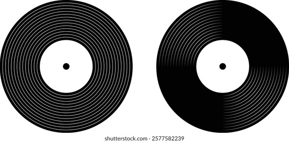 Black vinyl disc icons. Vinyl CD Symbol. 70s 80s 90s discotheque nostalgia concept. Editable Stroke