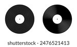 Black vinyl disc icons. Turntable LP or long play music records isolated on white background. DJ equipment for club techno party. 70s 80s 90d discotheque nostalgia design. Vector graphic illustration.