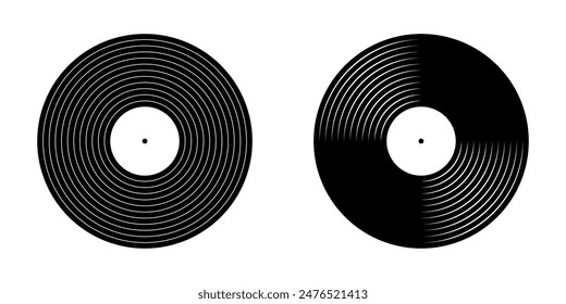 Black vinyl disc icons. Turntable LP or long play music records isolated on white background. DJ equipment for club techno party. 70s 80s 90d discotheque nostalgia design. Vector graphic illustration.