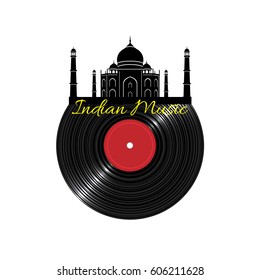 Black Vinyl disk record with Taj Mahal. Concept music ethnish background. Vector illustration