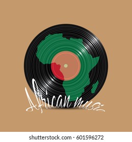 Black Vinyl disk with silhouette Africa. Concept music ethnic background. Vector illustration