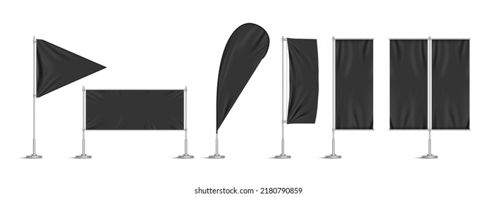 Black Vinyl Flags And Set Banners On Metallic Pole. Vector Realistic Template Of Fabric Promotion Posters, Advertising Striped Canvas Pennants Hanging On Metal Frame And Stand