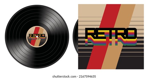 LLP de vinilo negro ( disco de registro fonógrafo analógico ), aislado en fondo blanco, con la palabra 'Retro' y el arte estilizado en la cubierta de la funda del álbum y la etiqueta del disco. Ilustración vectorial.