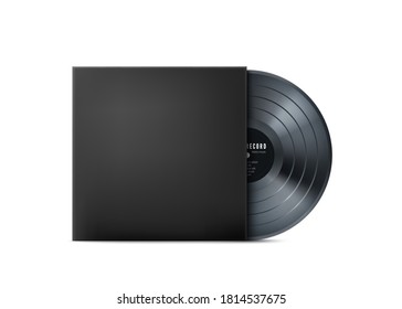 Black Vinyl Music Record. Realistic vintage gramophone disc with cover mockup. Vector illustration