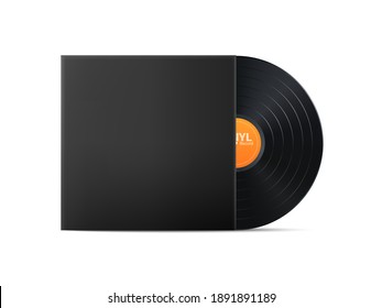 Black Vinyl Music Record. Realistic vintage gramophone disc with cover mockup. Retro design. Vector illustration.