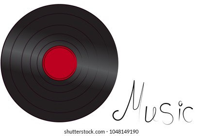 Black vinyl musical retro old  gramophone record and inscription music on white background on the left. Vector illustration
