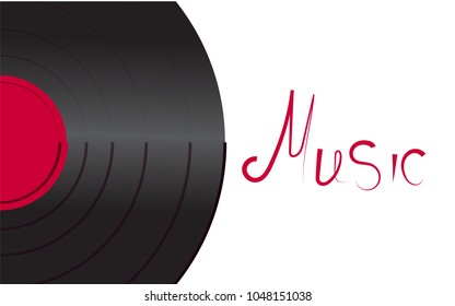 Black vinyl musical retro old antique  gramophone record and inscription music on white background. Vector illustration