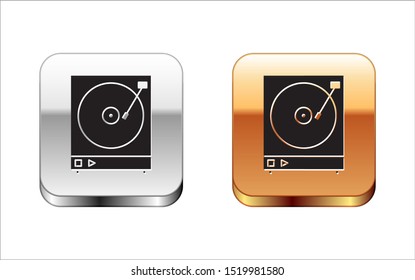 Black Vinyl player with a vinyl disk icon isolated on white background. Silver-gold square button. Vector Illustration